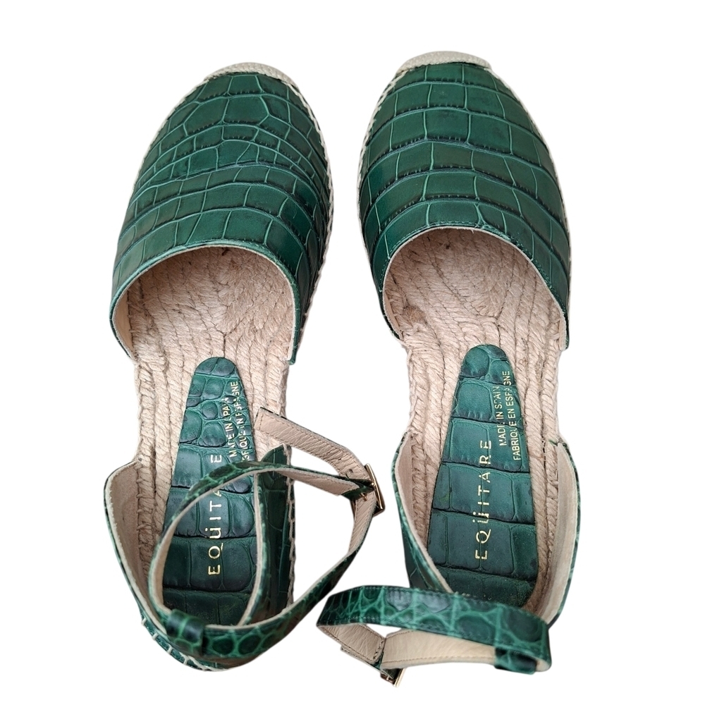 EQUITARE Leather Green Croc Embossed Espadrille Wedges Ankle Strap Sandals - Picture 3 of 11
